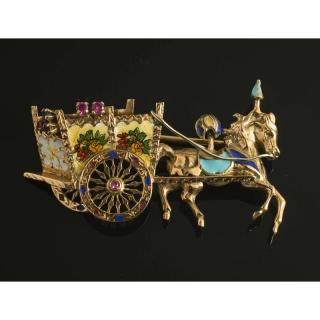 Appraisal: Sapphire k Brooch k gold enamel horse and cart brooch