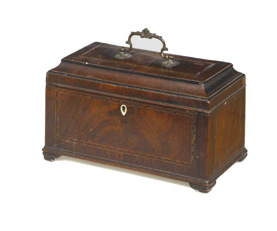 Appraisal: A GEORGE III MAHOGANY AND BROKEN LINE INLAID TEA CADDY