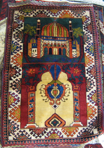 Appraisal: THREE PERSIAN MATS ' X ' pictorial prayer rug '