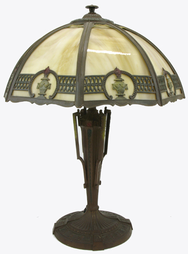 Appraisal: RAINAUD AMERICAN BENT PANEL TABLE LAMP D slag glass shade