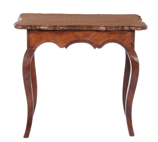 Appraisal: French parquetry-inlaid side table last quarter th century serpentine molded-edge