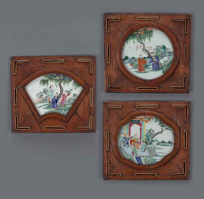 Appraisal: Chinese Qing famille rose porcelain plaquesdepicting figures in a landscape