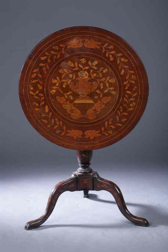 Appraisal: DUTCH MARQUETRY-INLAID TILT-TOP TABLE th century Circular top with urn