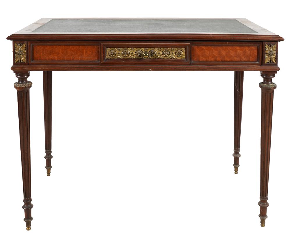 Appraisal: LOUIS XVI-STYLE MAHOGANY WRITING TABLEwith gilt metal mounts the green