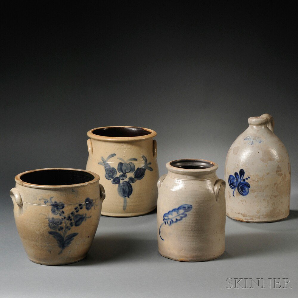 Appraisal: Four Cobalt-decorated Stoneware Items America th century a wide-mouth three-gallon