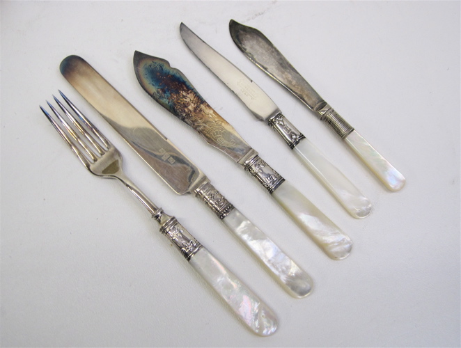 Appraisal: PIECE MOTHER OF PEARL HANDLED FLATWARE sterling banded consisting of