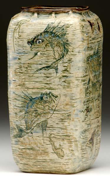 Appraisal: MARTIN BROTHERS Four-sided stoneware vase incised with grotesque fish and