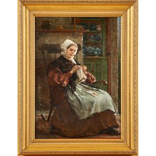 Appraisal: THOMAS HICKS American Untitled woman knitting Oil on canvas framed