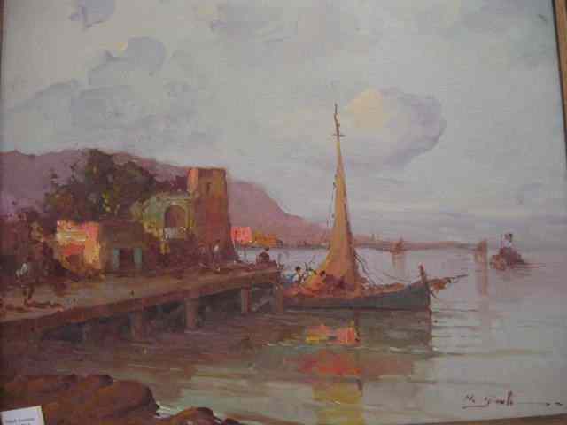 Appraisal: Italian Oil harbor scene artist signed illegible image area ''