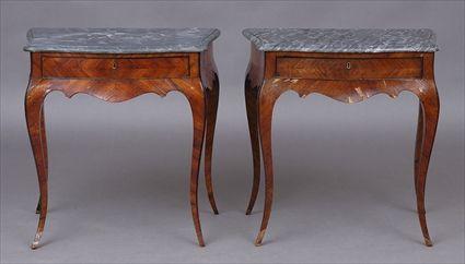 Appraisal: PAIR OF ITALIAN WALNUT CONSOLE TABLES WITH MARBLE TOPS Each