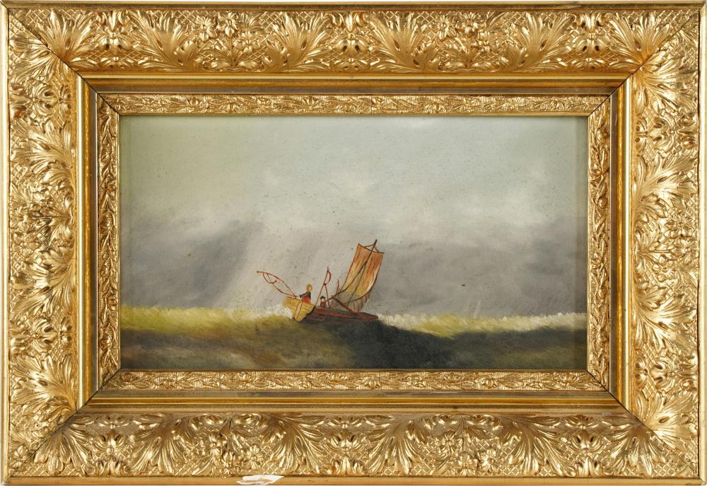 Appraisal: UNKNOWN ARTIST FISHING ON STORMY WATERSoil on panel appears unsigned