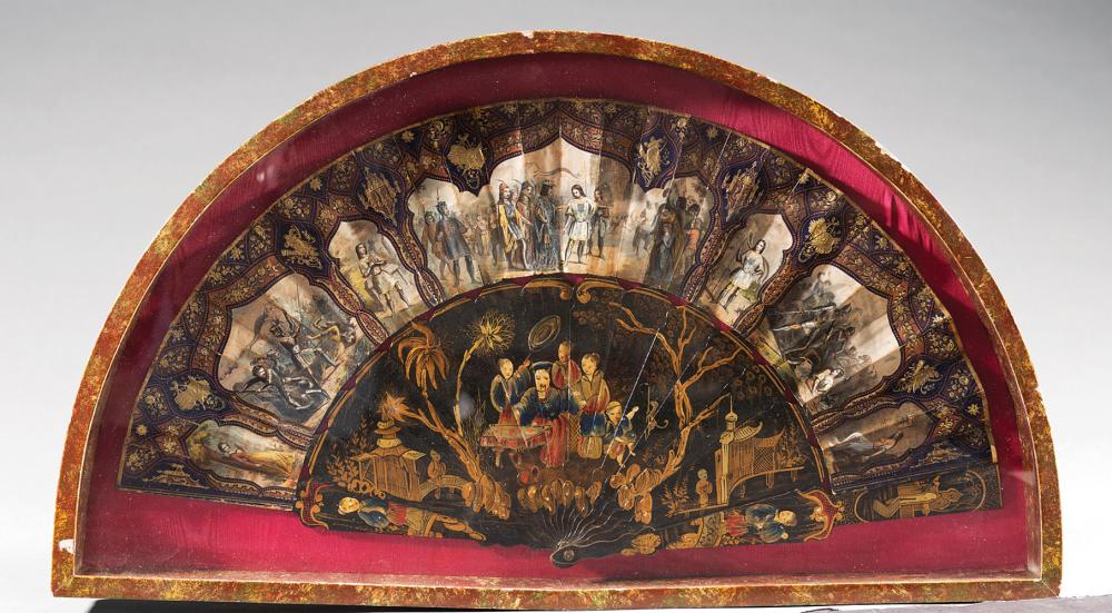 Appraisal: Antique Polychrome Lacquer and Papier Peinte Fan hand-embellished historical scenes