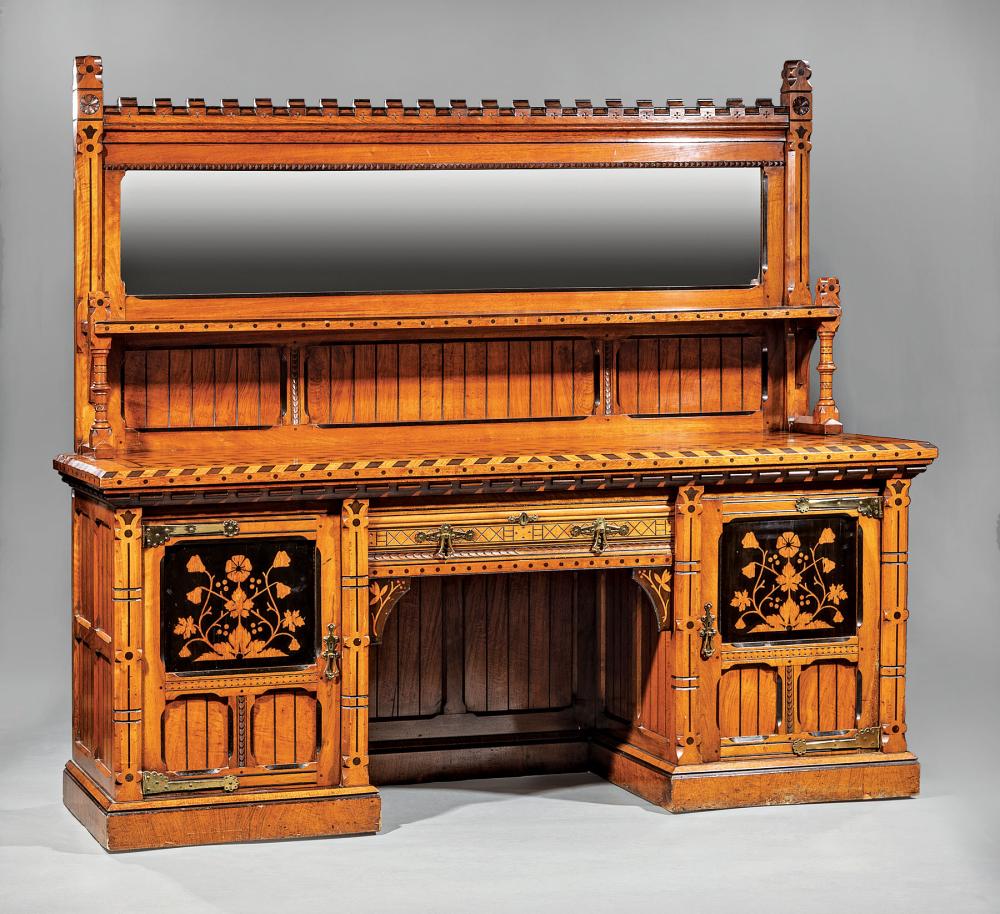 Appraisal: English Modern Gothic Carved and Parcel Ebonized Oak Sideboard mid-to-late