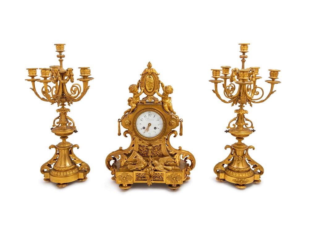 Appraisal: A Louis XVI Style Gilt Bronze Clock Garniture A Louis