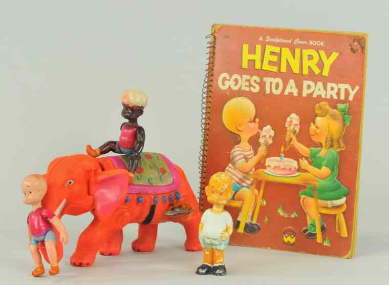 Appraisal: HENRY AND THE MAHOUT ON ELEPHANT Celluloid toy orange elephant