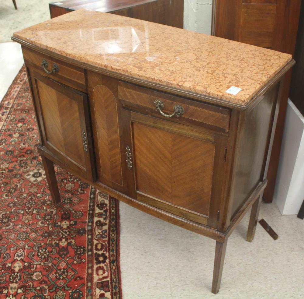 Appraisal: MARBLE-TOP MAHOGANY BOW-FRONT SERVING CABINET French style c H x