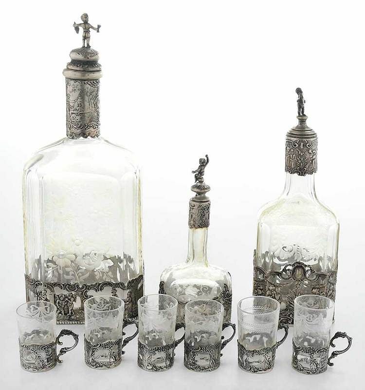 Appraisal: Silver and Glass Cordial Set Nine Pieces possibly German th