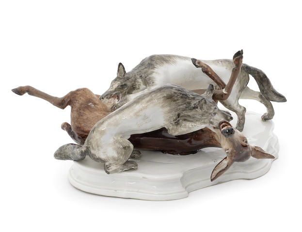 Appraisal: A Nymphenburg porcelain hunting group circa - Depicting two wolves