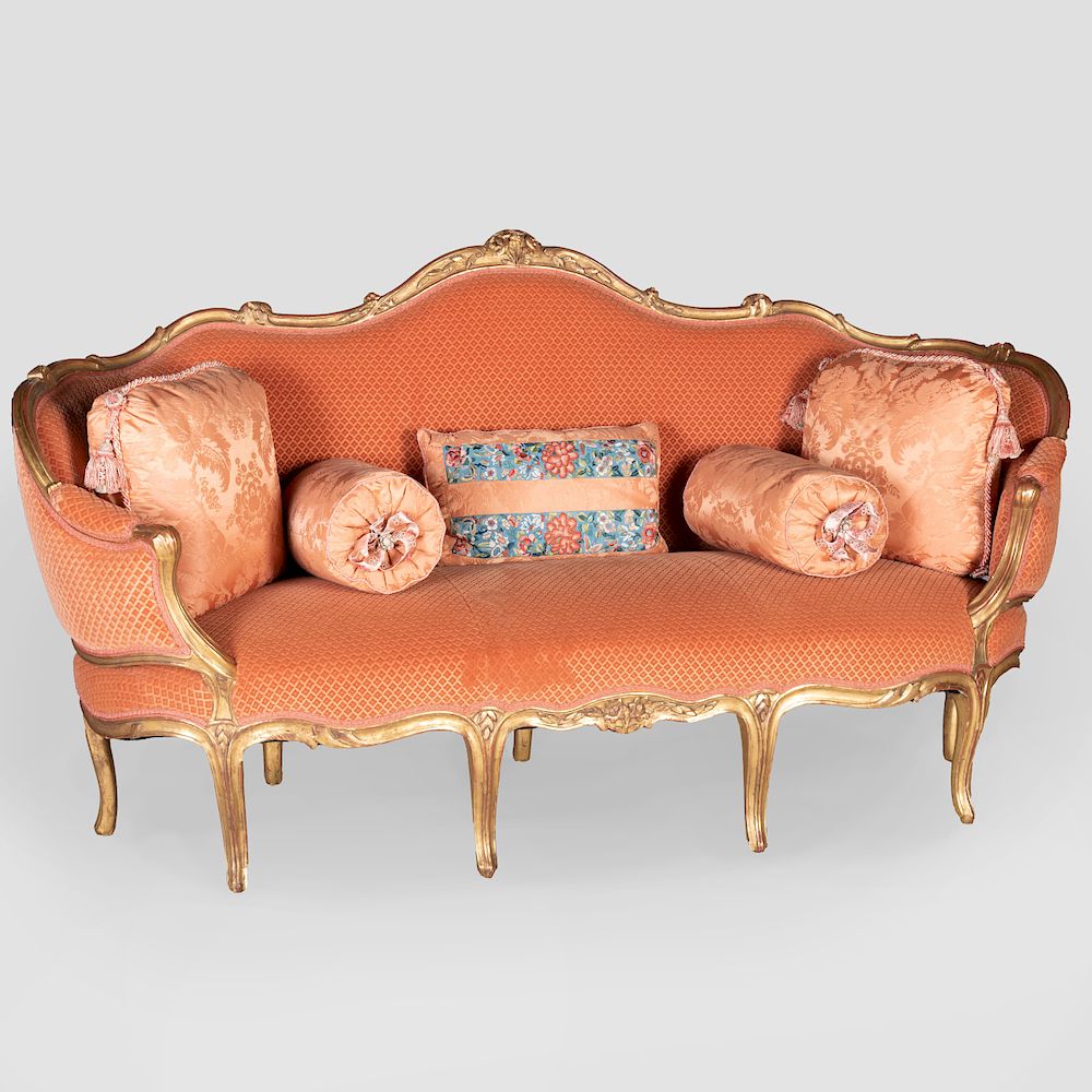 Appraisal: Early Louis XV Style Giltwood Canap L'Oreille Upholstered in cut