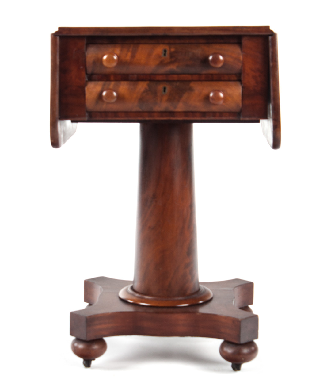 Appraisal: American Restoration mahogany worktable circa two-drawer drop-leaf worktable with column