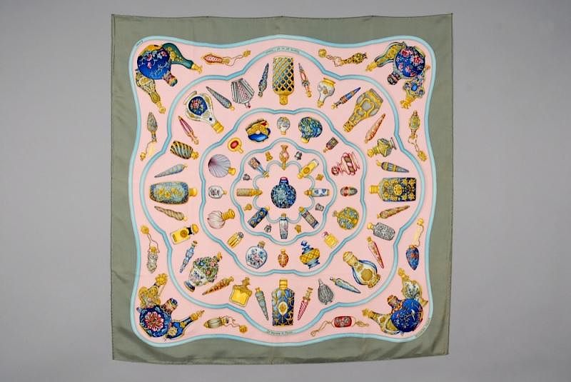 Appraisal: HERMES QU'IMPORTE le FLACONS SCARF ISSUE DATE Printed silk depicting