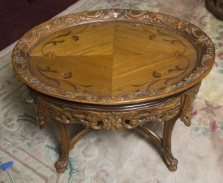 Appraisal: Small Coffee Table C Carved and Inlaid Walnut Tray Frame