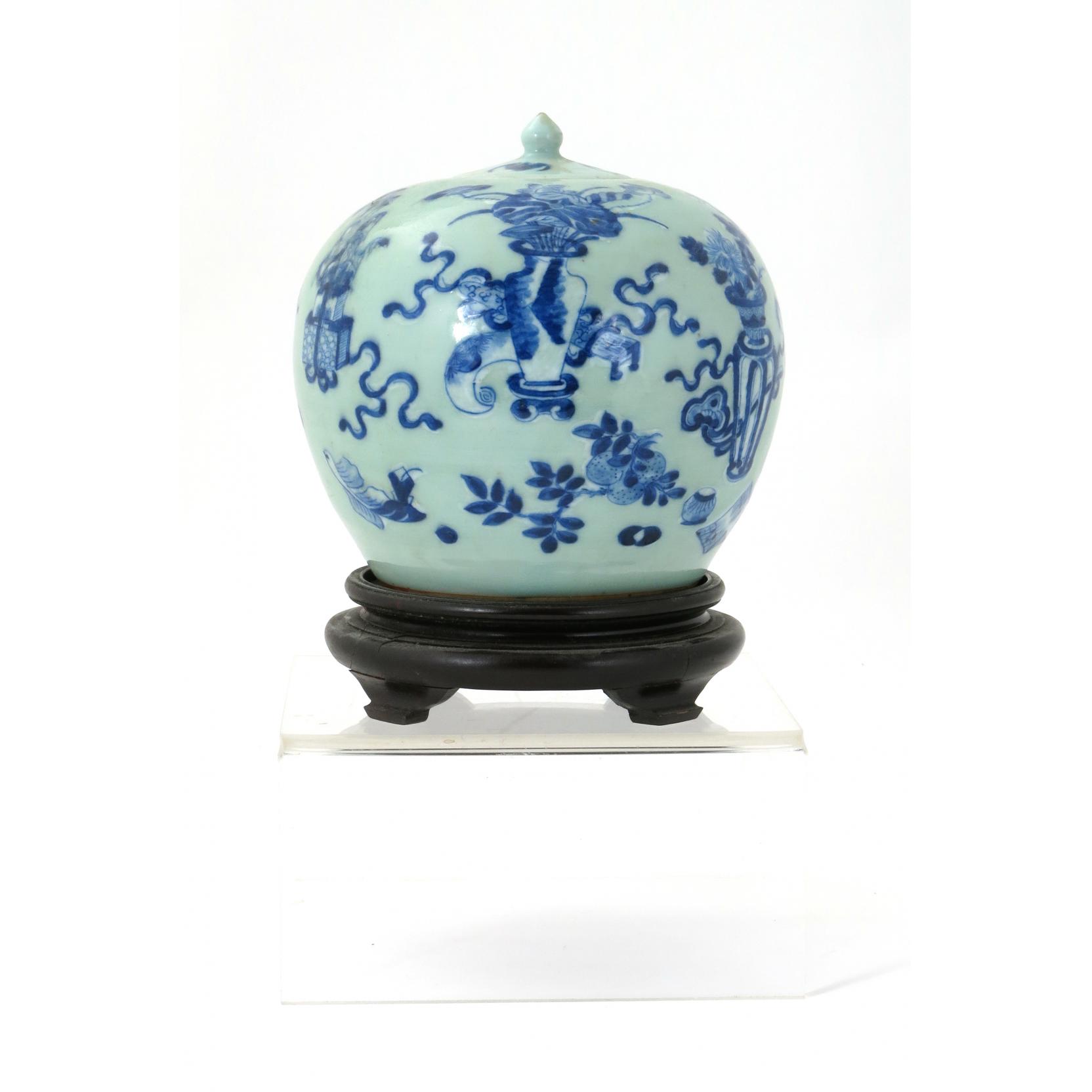 Appraisal: Chinese Celadon Glaze Lidded Ginger Jar th century with cobalt