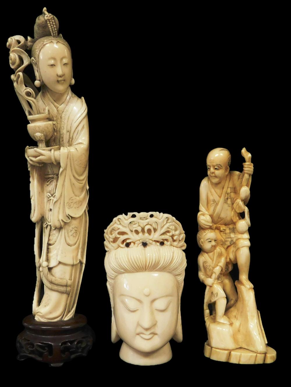 Appraisal: ASIAN Three ivory carvings th th C including woman in