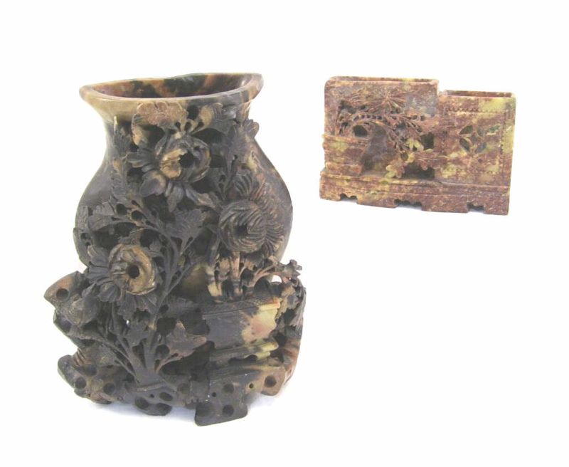 Appraisal: pcs Soapstone Includes Vase with carved floral decoration measures high