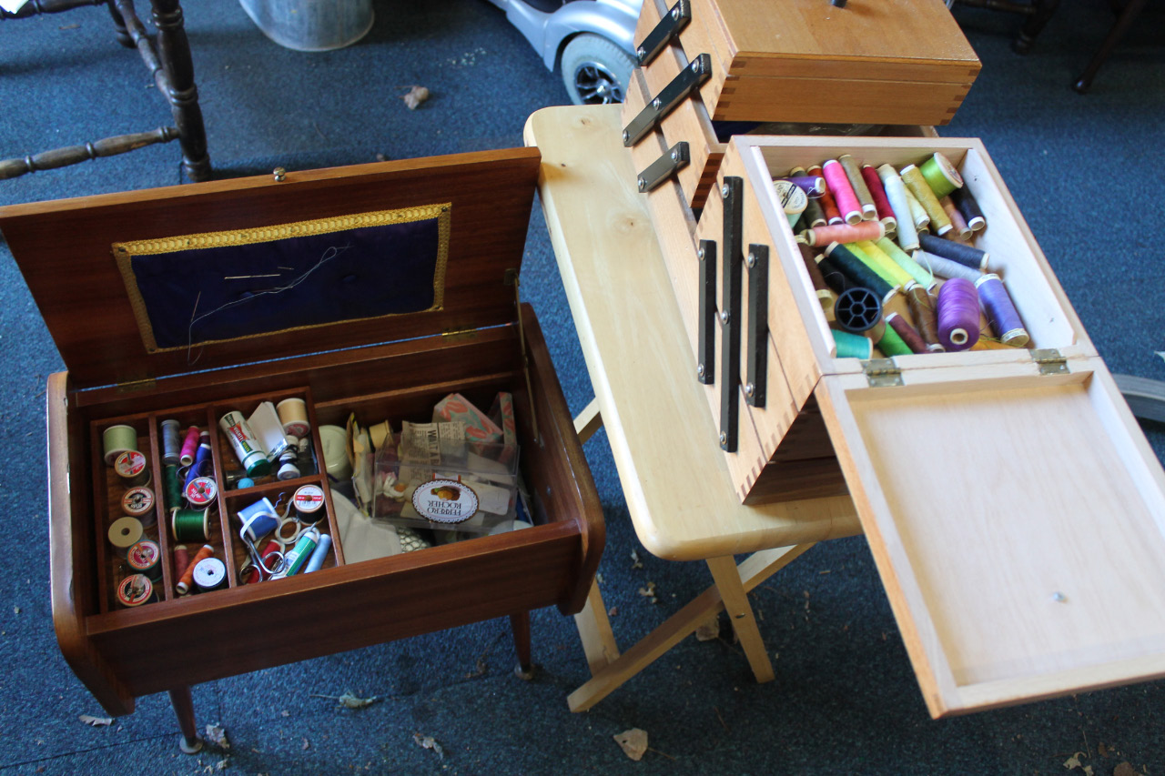 Appraisal: Two wooden work boxes and contents and a small folding