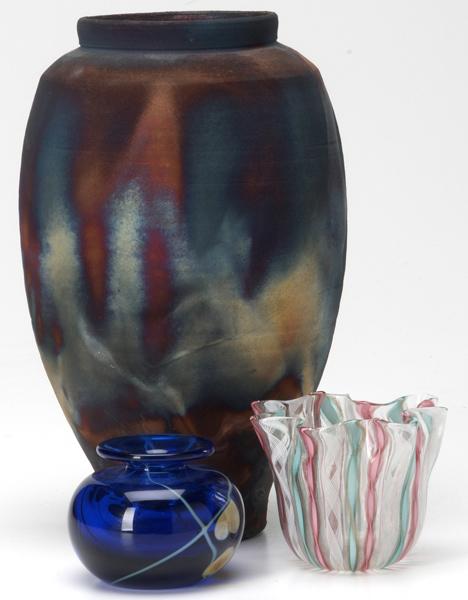 Appraisal: ART GLASS Etc Three vases one with heart and vine