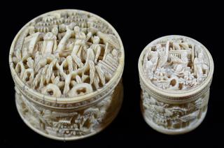 Appraisal: Two Highly Carved Ivory Whist Counter Boxes Circa Including one