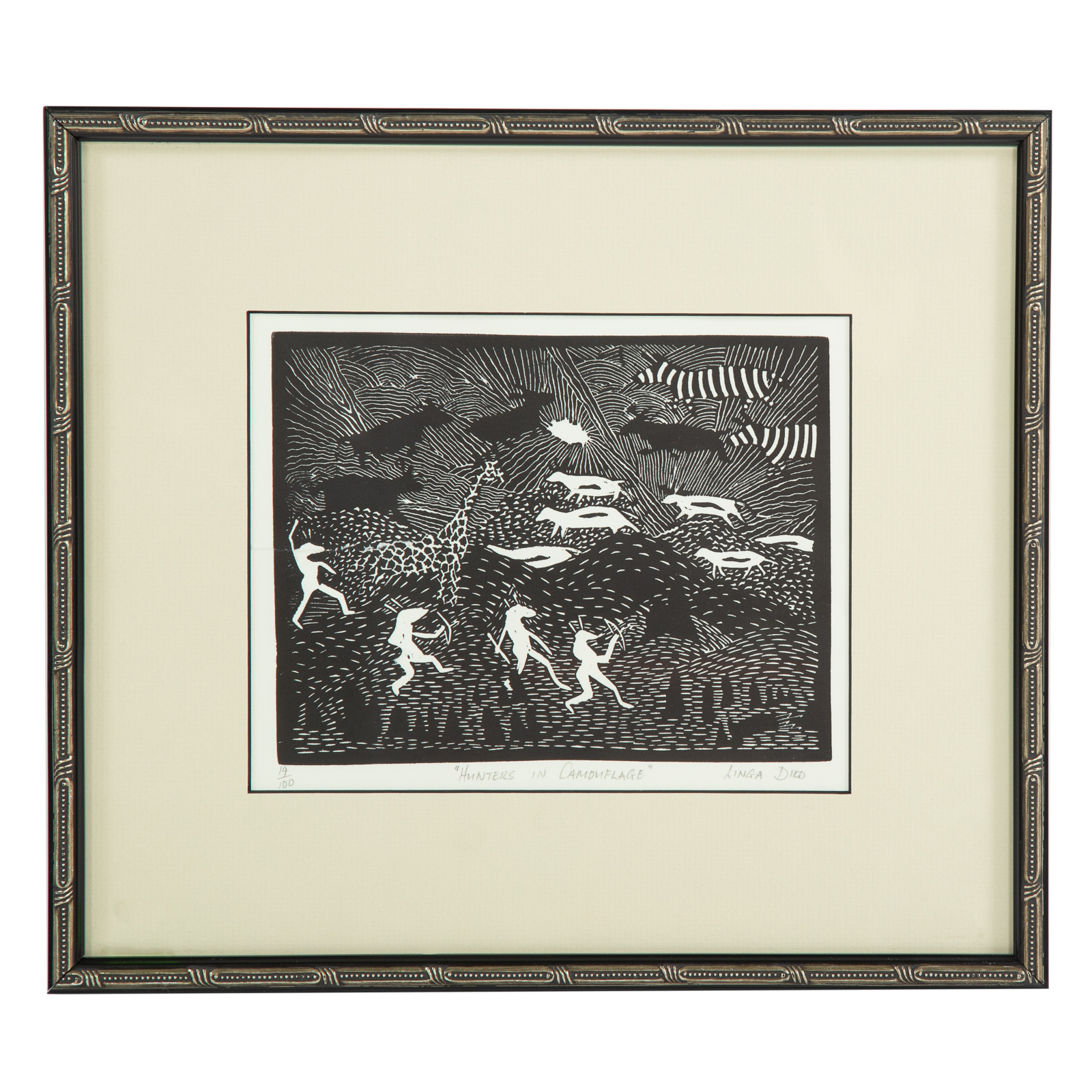 Appraisal: LINGA DIKO HUNTERS IN CAMOUFLAGE LINOCUT South African - Linocut