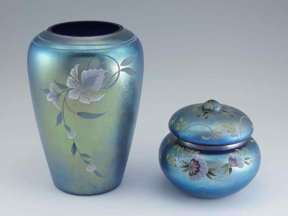 Appraisal: TWO PIECE HANDPAINTED FENTON FAVRENE ART GLASS Covered jar from