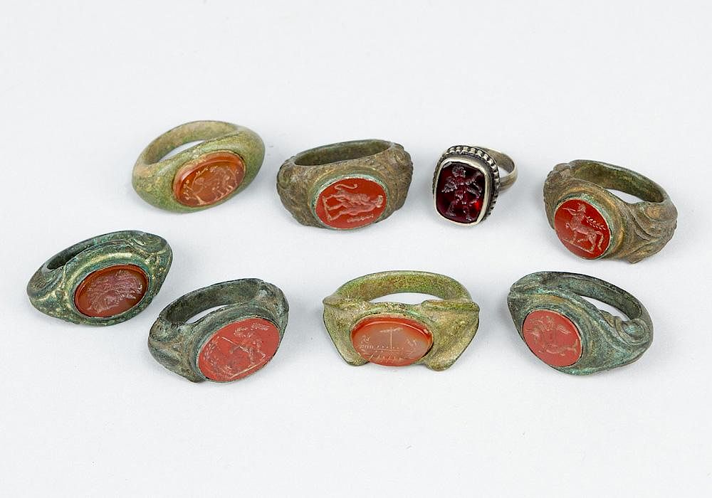 Appraisal: Collection of eight gamstone-rings in ancient manner Collection of eight