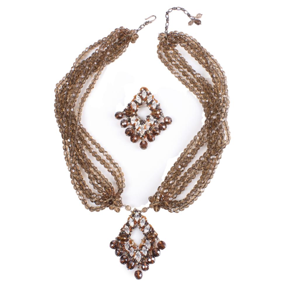 Appraisal: Coppola E Toppo smoky gray multi-strand crystal necklace pin set