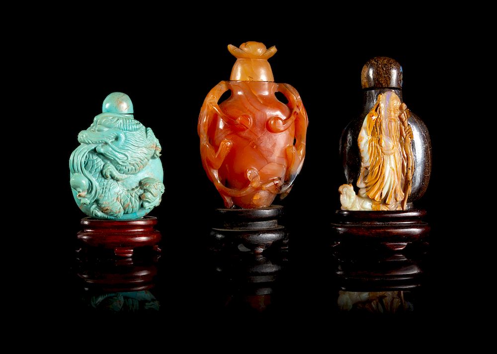 Appraisal: Three Chinese Hardstone Snuff Bottles Tallest height in cm Three