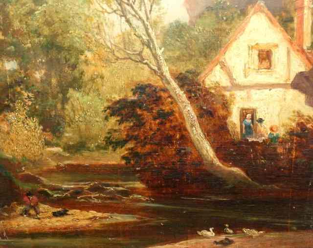 Appraisal: CIRCLE OF GEORGE MORLANDRiver landscape with angler and dog on