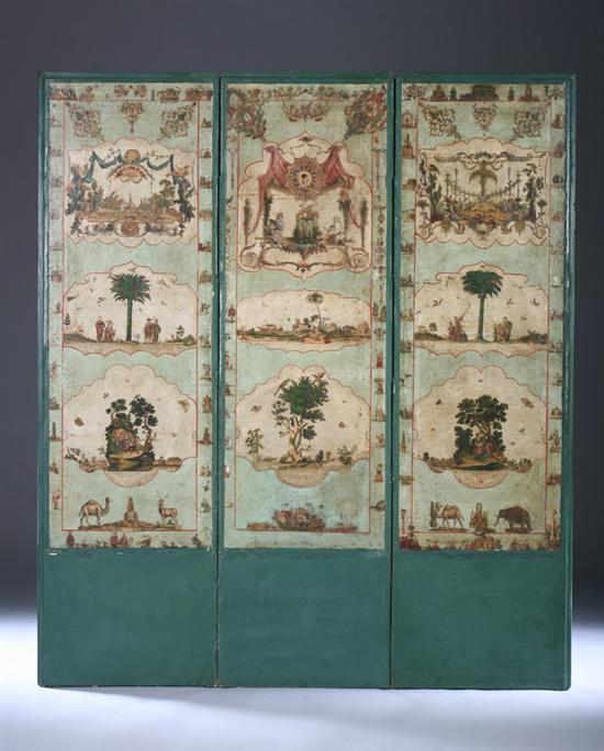 Appraisal: PAINTED AND DECOUPAGE-DECORATED THREE-FOLD FLOOR SCREEN With figural garden and