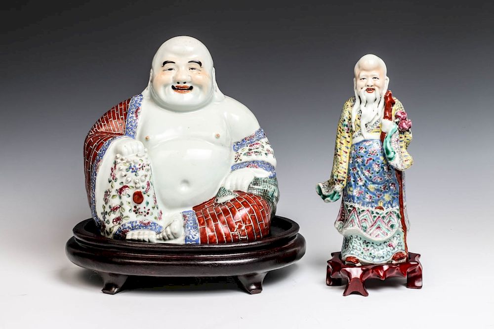 Appraisal: FAMILLE ROSE FIGURE OF HAPPY BUDDHA AND SHOLAO LATE QING