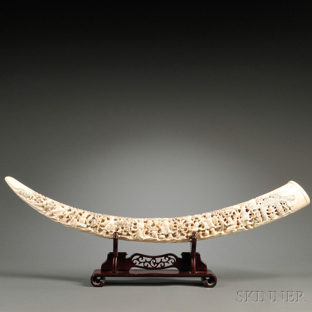 Appraisal: Ivory Tusk on Wood Stand China th century both sides