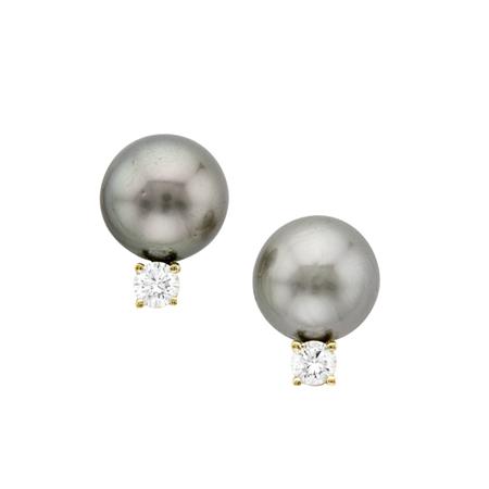 Appraisal: Pair of Gold Black Cultured Pearl and Diamond Earrings Estimate