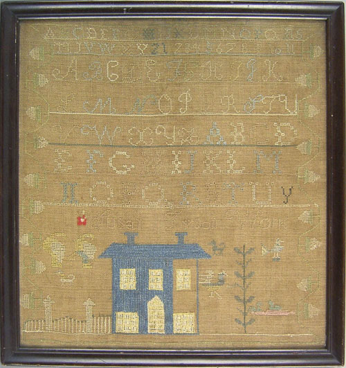 Appraisal: Silk on linen sampler wrought by Susan Tyson early mid