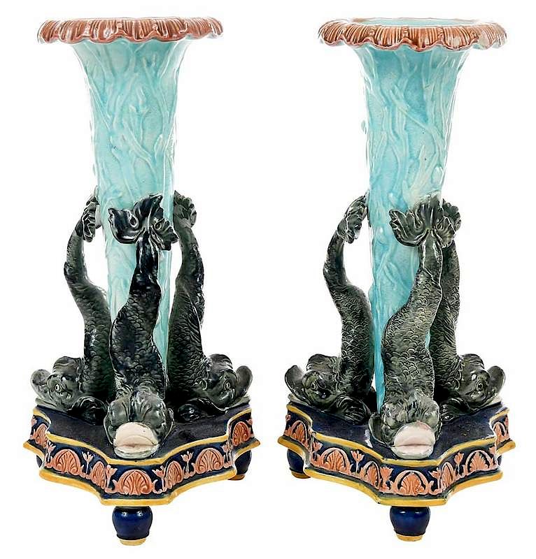 Appraisal: Pair Majolica Dolphin Spill Vases Continental th century each with