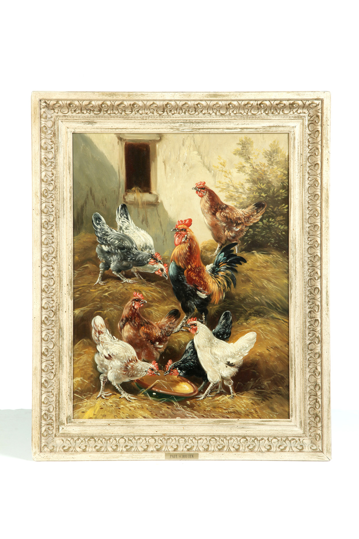 Appraisal: FRAMED OIL ON CANVAS BARNYARD SCENE OF ROOSTER AND HENS