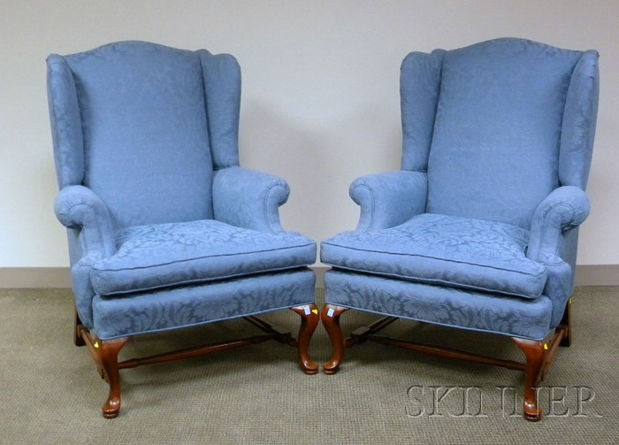 Appraisal: Pair of Queen Anne Style Upholstered Mahogany Wing Chairs