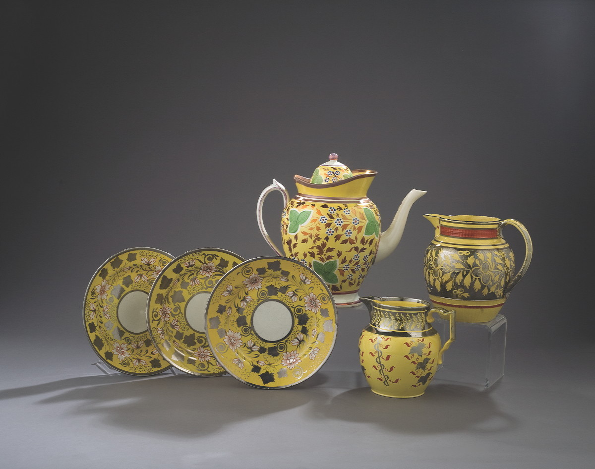 Appraisal: STAFFORDSHIRE YELLOW-GLAZED ENAMEL AND LUSTRE-DECORATED COFFEEPOT AND COVER CIRCA -