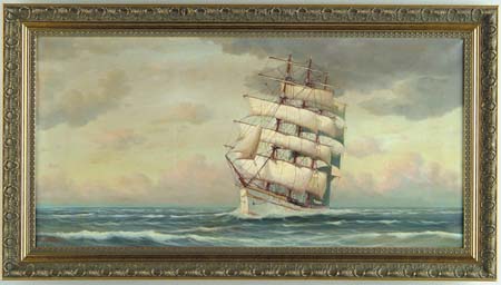 Appraisal: SIGNED American th Century TALL SHIP AT SUNRISE Oil on