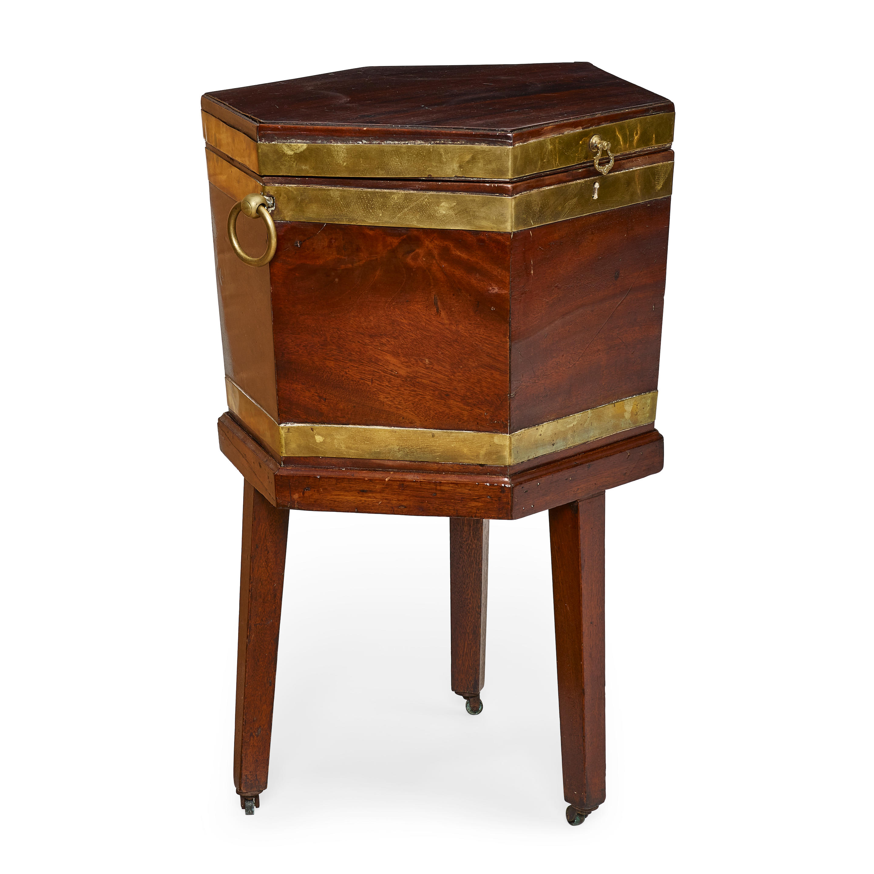 Appraisal: A GEORGE III BRASS BOUND MAHOGANY WINE COOLER ON STANDEARLY