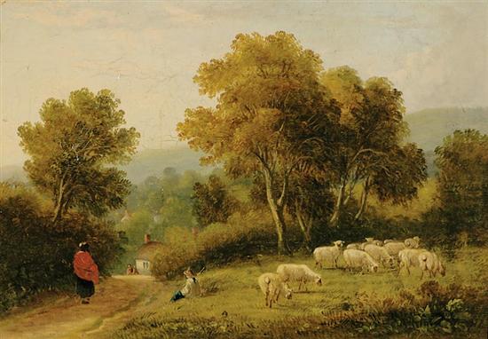 Appraisal: British school th century SHEPHERD WITH SHEEP oil on canvas